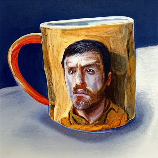 Image similar to a mug of an ugly mug on a mug, photorealistic,