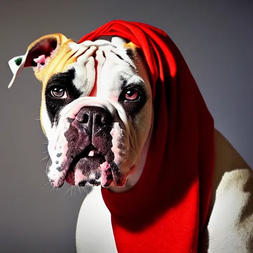 Image similar to portrait of american bulldog as afghan puppy, green eyes and red scarf looking intently, photograph by steve mccurry