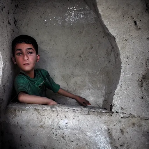 Prompt: palestina boys criend in mother tomb, extreme realistic image, unreal engine, hyperrealistic, very details, pulitzer award winner, extreme close up, photo by darwis triadi