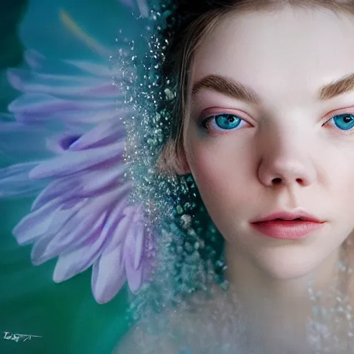 Image similar to portrait of a beautiful girl + anya taylor - joy floating under the deep dream water, beautiful smooth soft light + white petal, by personal photography, art by brookskim, closeup, 4 k, highly detailed, instagram,