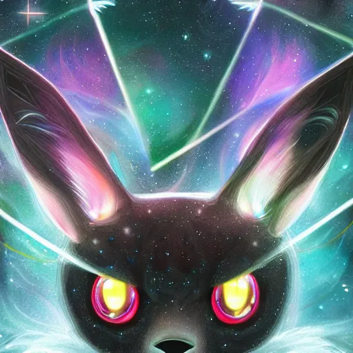 Image similar to geometric symmetrical eevee with galaxy eyes in space, nebula in the background, intricate, elegant, highly detailed, digital painting, artstation, concept art, smooth, sharp focus, illustration, art by artgerm