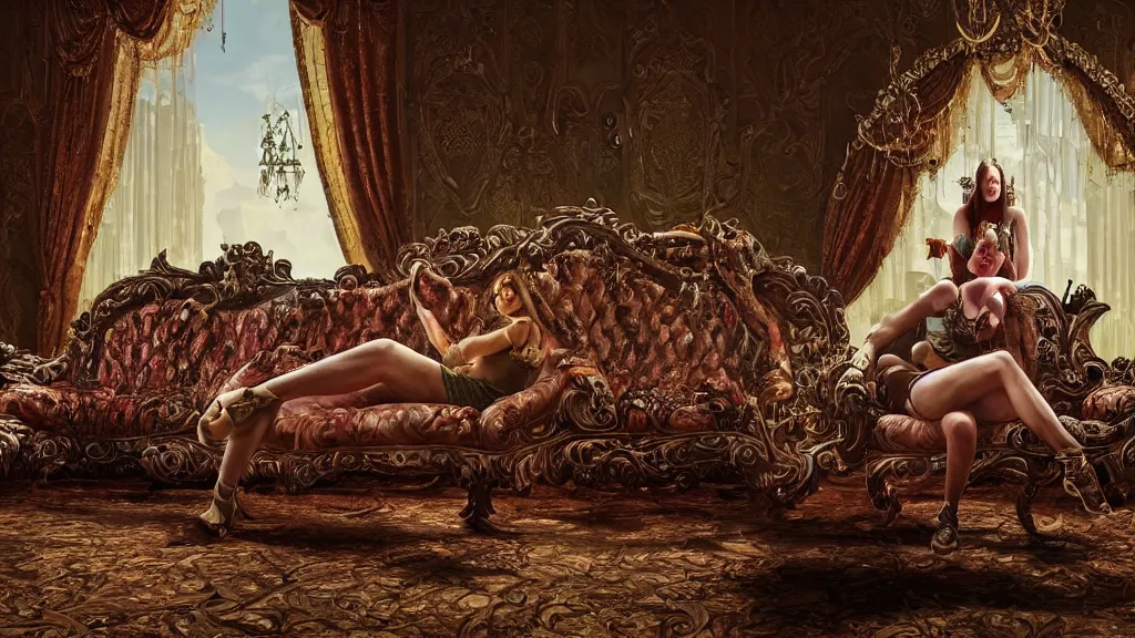 Image similar to a beautiful woman sitting on an ornate victorian couch made out of decomposing animals, intricate, detailed, volumetric lighting, sharp focus, photorealism, digital painting, highly detailed, concept art, by roger dean and simon stalenhag and mark brooks
