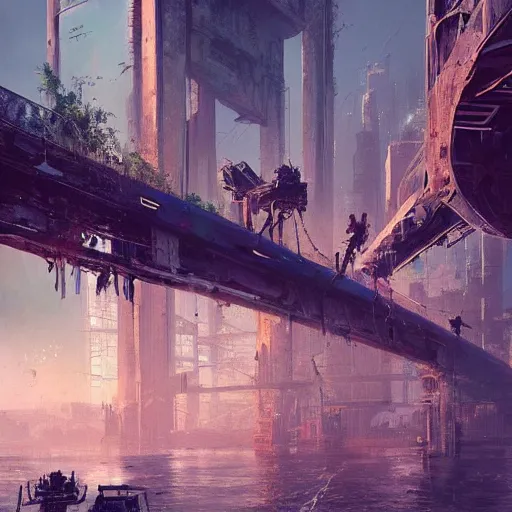Image similar to an old rusty bridge stands in a futuristic city, by greg rutkowski, by conrad roset, digital art, trending on artstation