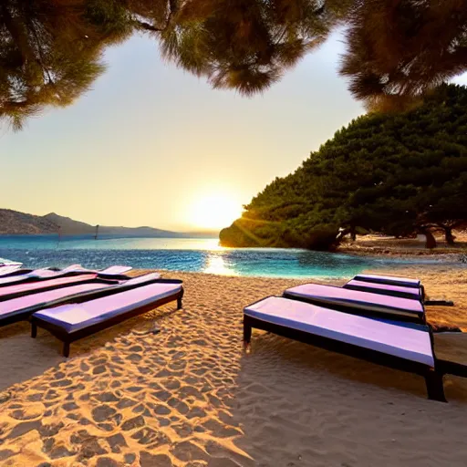 Image similar to sunbeds on Elafonissi Beach in crete, 8k resolution, hyper detailed, professional photograph