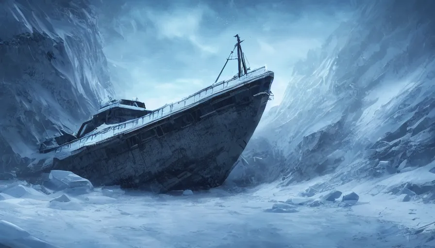 Prompt: abandoned ship in snowy mountains in a frozen planet, hyperdetailed, artstation, cgsociety, 8 k