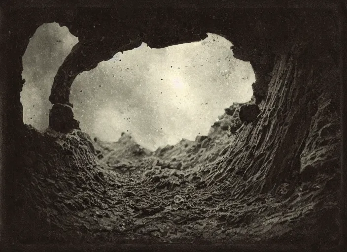 Image similar to old wetplate daguerreotype landscape with huge black sinkholes, dubbel negative exposure, explosion of data fragments, fractal, intricate, elegant, highly detailed, parallax, leica, medium format, subsurface scattering, by jheronimus bosch and greg rutkowski and louis jacques mande daguerre