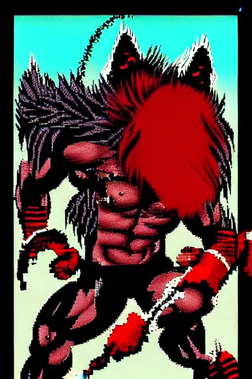 Prompt: extreme long shot. 8 bit nes graphics. antropomorphic muscular masculine wolf. kickboxer fighter, in shorts. wolf head. angry. fine details, very sharp, art from nes game cartridge, 8 0's, vhs artefacts, vaporwave style, marc simonetti and hermann nitsch and anish kapoor.