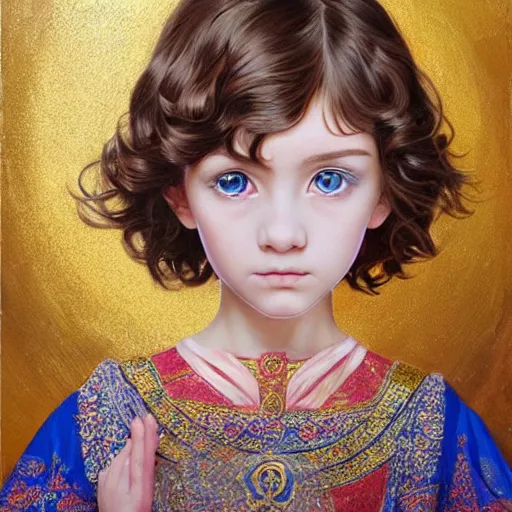 Image similar to a little girl with short wavy curly light brown hair and blue eyes, a space empress in byzantine style. beautiful highly detailed face, painting by ilya kuvshinov