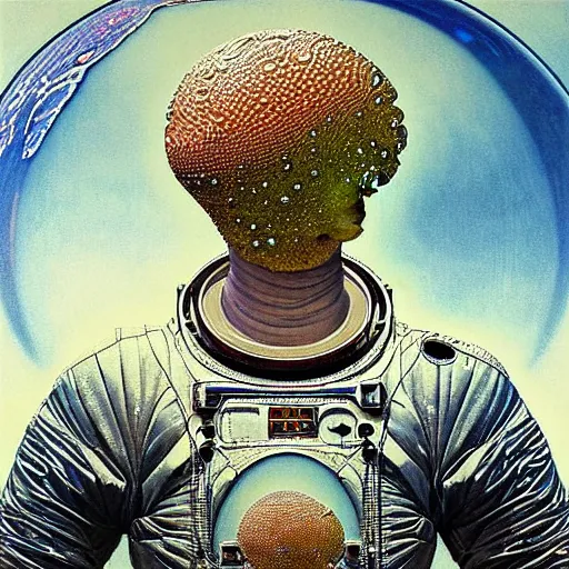 Prompt: realistic extremely detailed photo style portrait painting of a complete astronaut suit with exposed diamond 3d fractal lace iridescent bubble 3d skin clear brain , retro futuristic ,water , style hybrid mix of beeple,Anton Pieck,Jean Delville, Amano,Yves Tanguy, Alphonse Mucha, Ernst Haeckel, Edward Robert Hughes,Stanisław Szukalski , rich moody colors,diamond dust glitter and sparkles, holographic krypton ion,blue eyes,octane render,4k,f32,medium full shot