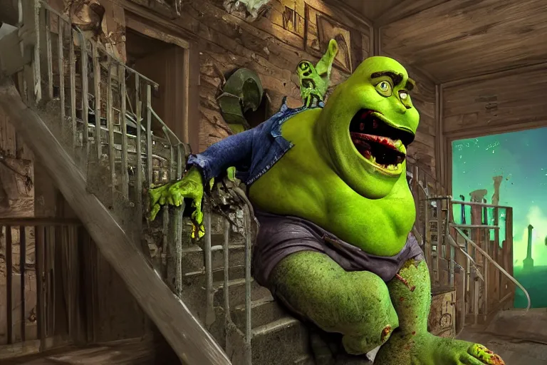 Image similar to wide shot of zombie shrek climbing the stairs to board a spaceship, highly detailed, 3d