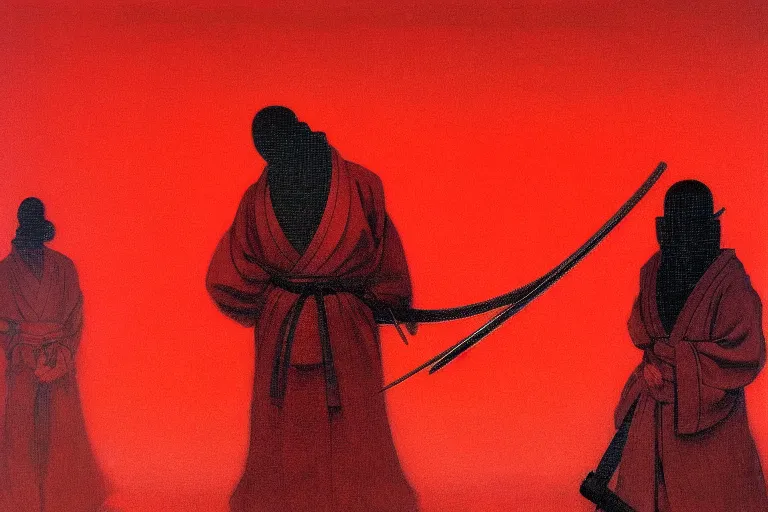 Image similar to only with red, a red samurai harakiri, tokio, a lot of frogs watch, in the style of beksinski, parts by edward hopper, parts by rodcenko, parts by yue minjun, intricate and epic composition, red by caravaggio, insanely quality, highly detailed, masterpiece, red light, artstation, 4 k