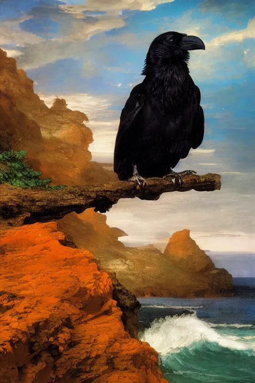 Image similar to a breathtakingly stunningly beautifully highly detailed extreme close up portrait of a raven, a rock arch overhead framing shot, epic coves crashing waves plants, beautiful clear harmonious composition, dynamically shot, wonderful strikingly vivid orange beautiful dynamic sunset with epic clouds, detailed organic textures, by frederic leighton and rosetti and turner and eugene von guerard, 4 k