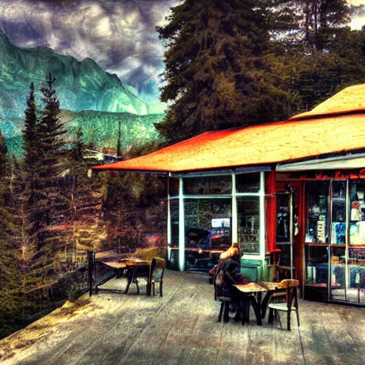 Image similar to mountain cafe, cinematic, photography, surreal, impressionist