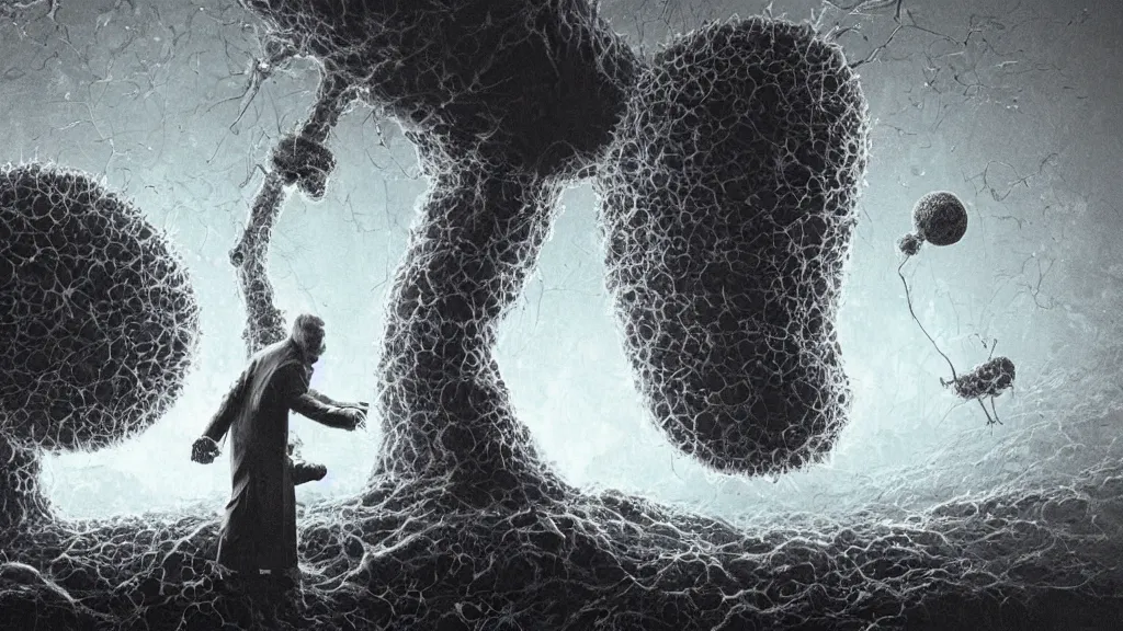 Image similar to a beautiful microscopic scientific photo of Donald Trump virus and a strange life form seen through an electron microscope, dark, sinister, detailed, art by Greg Rutkowski