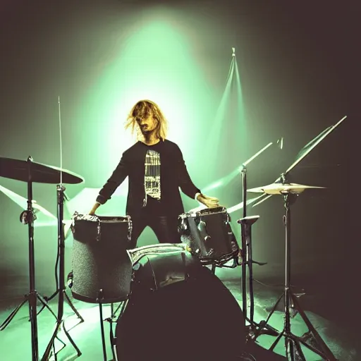 Prompt: photograph of a blonde man with a short goatee and long hair plays an 8 piece rock drum set, dramatic lighting,