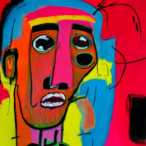 Image similar to pink and yellow and red detailed neo expressionism oil painting of sad boy rapper crying with tattoos by basquiat