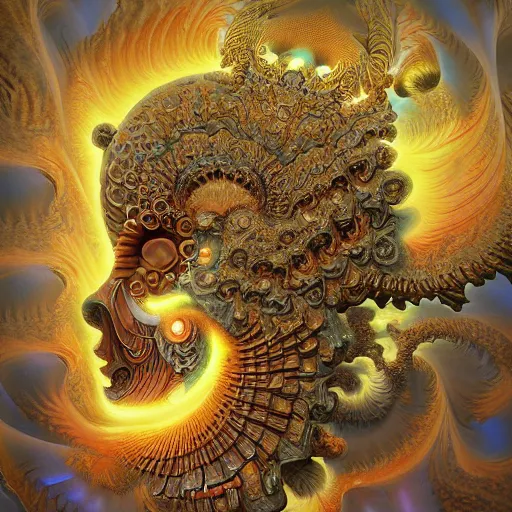 Prompt: 3 d god fractal close - up frontal portrait with ram golden mandelbulb skull. beautiful mandelbrot intricately detailed japanese fractal kitsune mask and clasical japanese kimono. betta dragon, jellyfish phoenix, bio luminescent, plasma, nebula, water, wind, creature, mandelbulb, fractal, artwork by tooth wu and wlop and beeple and greg rutkowski