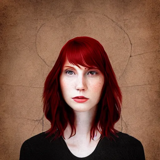 Image similar to red haired girl surrounded by old people, digital art