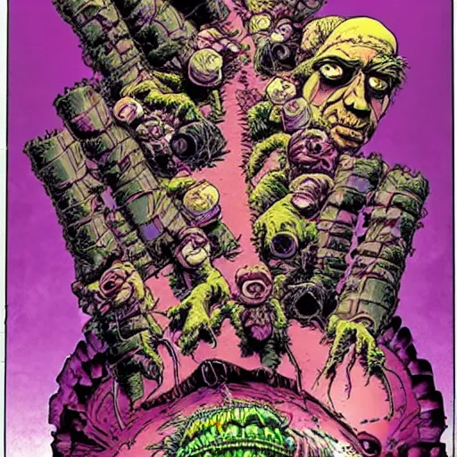 Image similar to distorted by katsuhiro otomo, by phil foglio deep purple. the experimental art features a group of monsters who live in a castle & have to deal with frankenstein's monster.