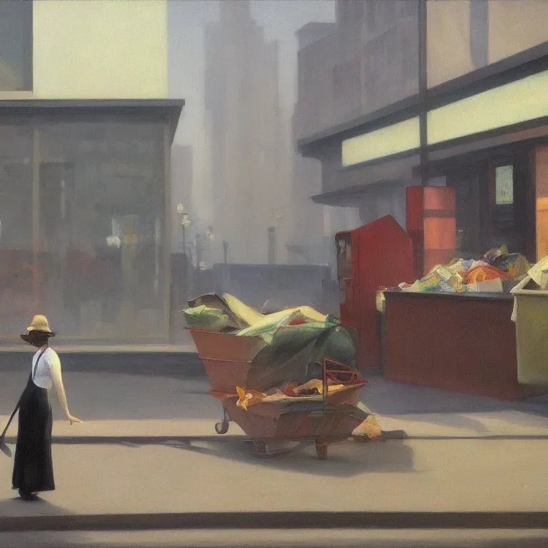 Image similar to trash flowing everywhere, piles of trash, fog, early morning, , painted by Edward Hopper, painted by Wayne Barlow, airbrush