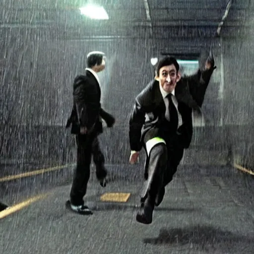 Image similar to Mr Bean in the Matrix, bullet time, cinematic, film clip