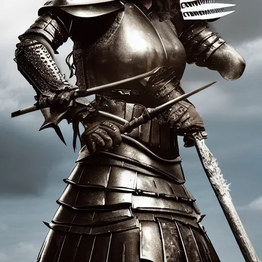 Image similar to full body photo of afemale warrior with spiky armour with a medieval flail, highly detailed, dramatic lighting, cinematic, 4k