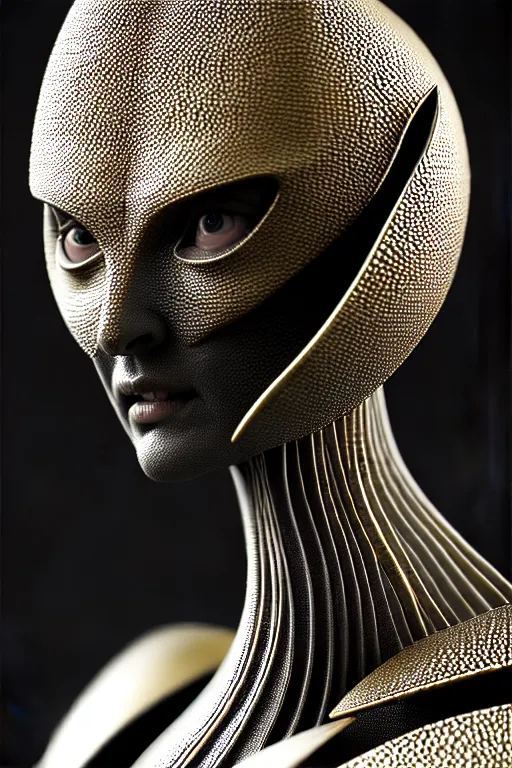 Image similar to bw close - up profile face, black background, beautiful young porcelain vegetal - dragon - cyborg - female, 1 5 0 mm, beautiful natural soft rim light, silver gold details, magnolia leaves and stems, roots, mandelbot fractal, elegant, ultra detailed, white metallic armour, octane render, h. r. giger style