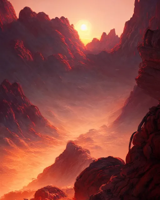 Image similar to a sunrise in the valley of fire, environment art, fantasy art, landscape art, in the style of greg rutkowski, illustration, epic, fantasy, intricate, hyper detailed, artstation, concept art, smooth, sharp focus, ray tracing