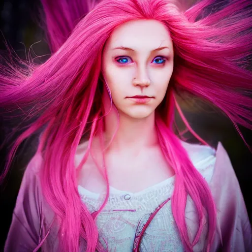 Prompt: close up portrait photography of an aes sedai from wheel of time as she channels saidar, pink glowing hair, wind blowing, big eyes, cute, clear clean face, symmetrical face, blurry background, posing, high contrast, three quartered turned angle, surrounded by magic energy