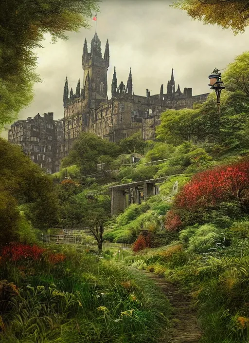 Prompt: a beautiful digital graphics design portrait of Edinburgh city. Edinburgh overgrown with plants, caledonian forest, matte painting, fantasy art, highly detailed