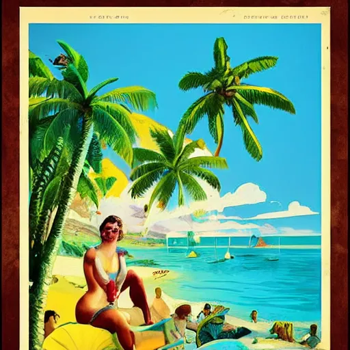 Prompt: vintage travel poster for tropical location, giant parrot, artstation,