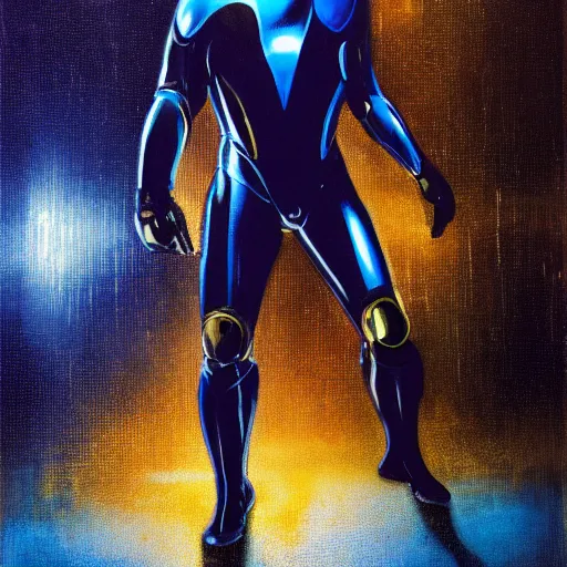 Image similar to sylvester stallone in blue metal cyber suit, tech noir, wet reflections, prism, atmospheric, ambient, pj crook, syd mead, livia prima, greg rutkowski, edward hopper