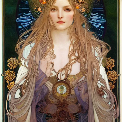Prompt: realistic detailed face portrait of the Earth Goddess, GAIA by Alphonse Mucha, Ayami Kojima, Amano, Charlie Bowater, Karol Bak, Greg Hildebrandt, Art Nouveau, Neo-Gothic, gothic, blues, greens and gold
