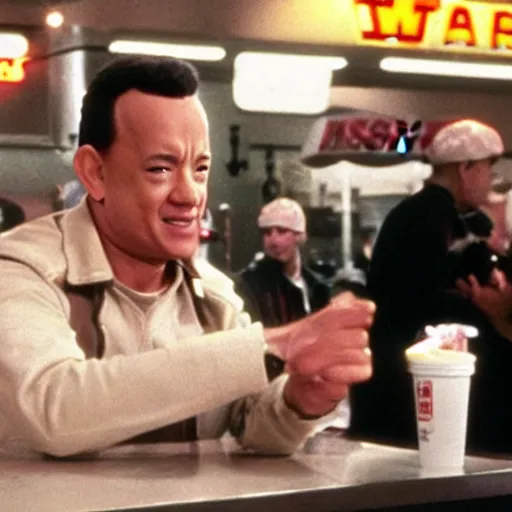 Image similar to film still of tom hanks eating at burger king in the movie star wars, 4 k