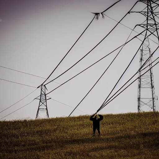 Image similar to a person on a hill flying a kite, next to a high-voltage transmission lines, in the style of filmmaker Shunji Iwai,