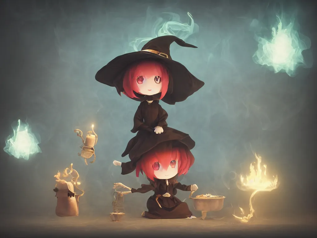 Image similar to cute fumo plush girl witch stirring a cauldron swirling with strange energy, casting a powerful spell, eldritch gothic horror, smoke and volumetric fog, witch girl, soothsayer, lens flare glow, chibi anime, vray