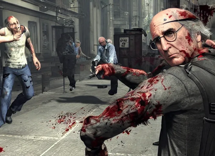 Image similar to video game still of larry david as leon fighting off a zombie in the video game resident evil 2,