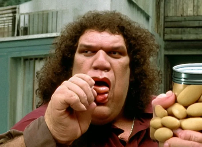 Prompt: film still of Andre the Giant eating a can of beans in the new Sleepless in Seattle movie, 4k