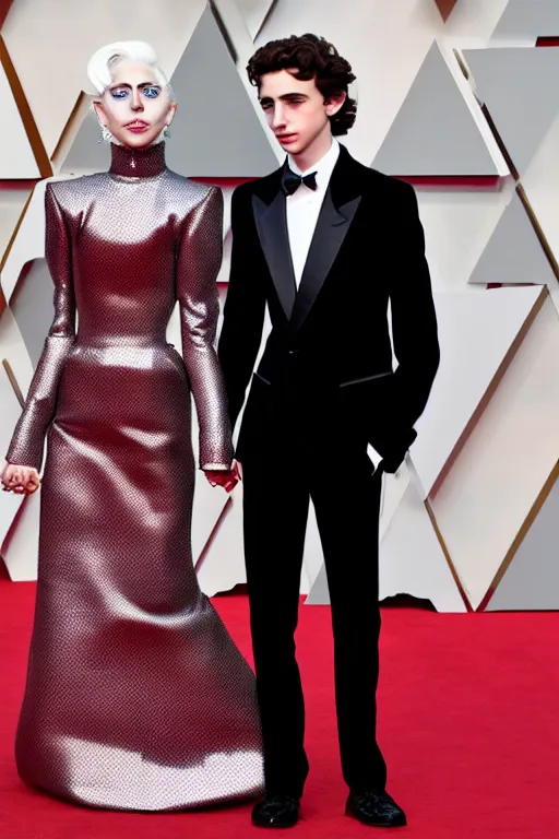 Image similar to timothee chalamet and lady gaga holding hands on the red carpet, beautiful detailed faces, canon eos