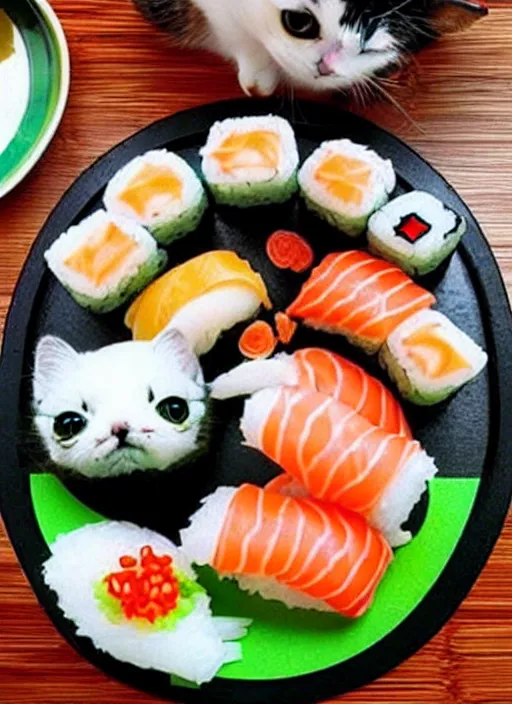 Image similar to clear photorealistic picture of adorable cats made out of sushi