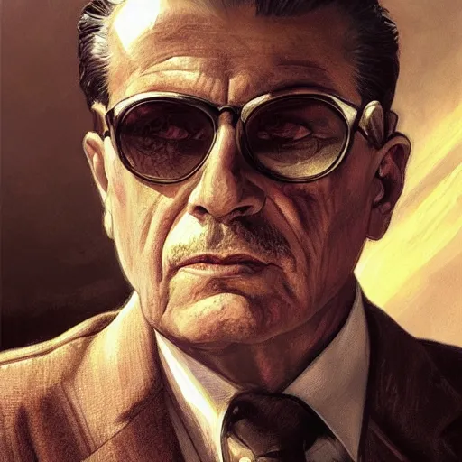 Prompt: portrait of josip broz tito with sunglasses, deep focus, d & d, fantasy, intricate, elegant, highly detailed, digital painting, artstation, concept art, matte, sharp focus, illustration, art by artgerm and greg rutkowski and alphonse mucha