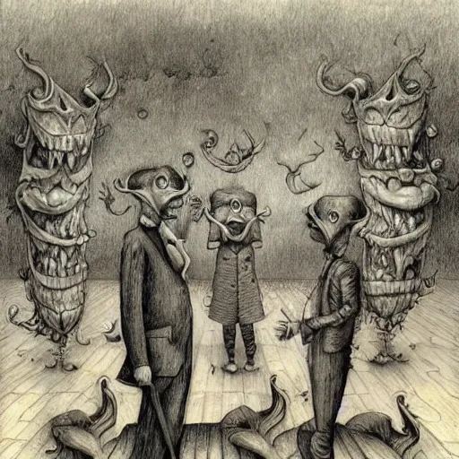 Image similar to the devil does a tap dance, by Santiago Caruso, and M.C. Escher, fairy-tale illustration style, very detailed, colorful, beautiful, eerie, surreal, psychedelic