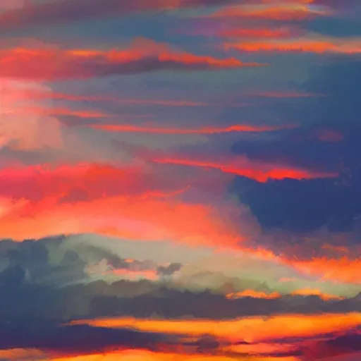 Image similar to a vivid sky at sunset, shot in the sky, loots of clouds, digital art, trending on artstation, by sarah jane brown