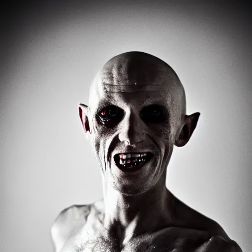 Image similar to portrait of nosferatu after boxing, brews blood, sweating, boxing gloves, 5 0 mm lens, realistic photography