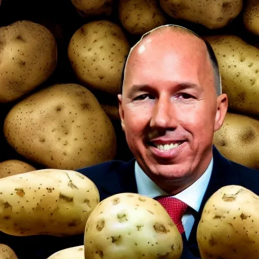 Prompt: photo peter dutton's head in a pile of potatoes