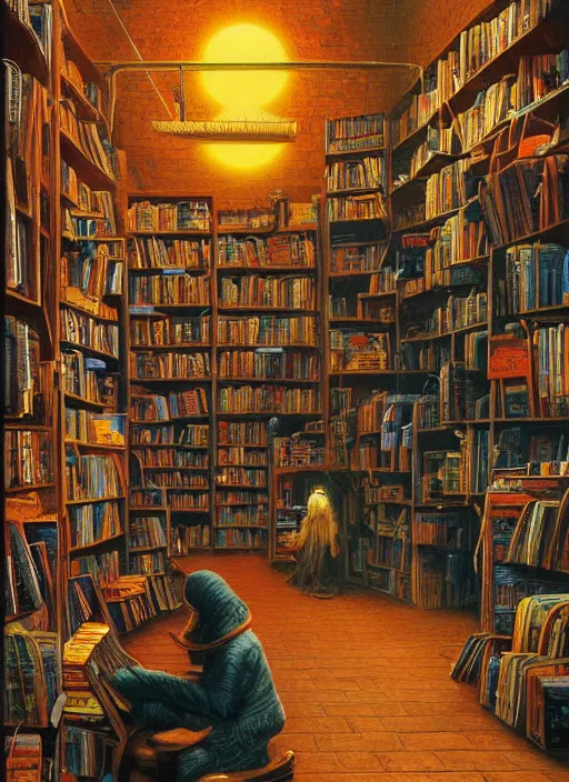 Prompt: happy independent bookstore. vantablack cloth technology, vintage shapes, retro technology, happy colors dariusz zawadzki, tim hildebrandt, wayne barlow, bruce pennington, larry elmore, oil on canvas, deep depth field, masterpiece, cinematic composition, hyperdetailed