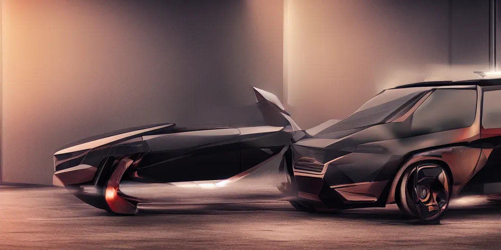 Prompt: a design of a futuristic minivan, designed by Polestar, blade runner background, stained antique copper car paint, black windows, dark show room, dramatic lighting, hyper realistic render, depth of field