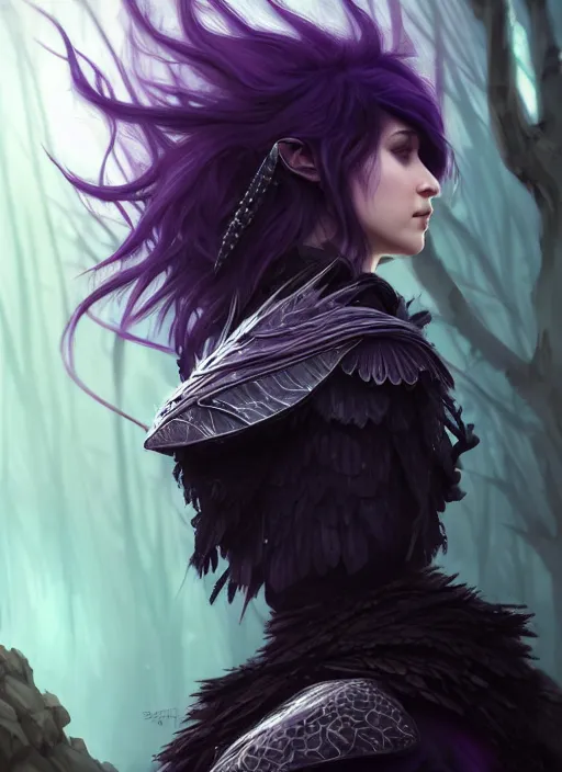 Image similar to side portrait crow, adventurer outfit large cloak, fantasy forest landscape, dragon scales, fantasy magic, undercut hairstyle, short purple black fade hair, dark light night, intricate, elegant, sharp focus, illustration, highly detailed, digital painting, concept art, matte, art by WLOP and Artgerm and Greg Rutkowski and Alphonse Mucha, masterpiece