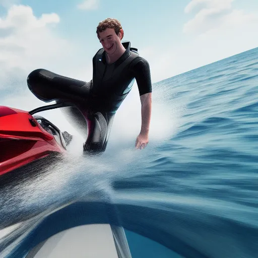 Prompt: Mark Zuckerberg riding a jetski out on the open ocean, water splashing behind him as he's speeding by, ripples in the water, hyperdetailed, artstation, cgsociety, 8k