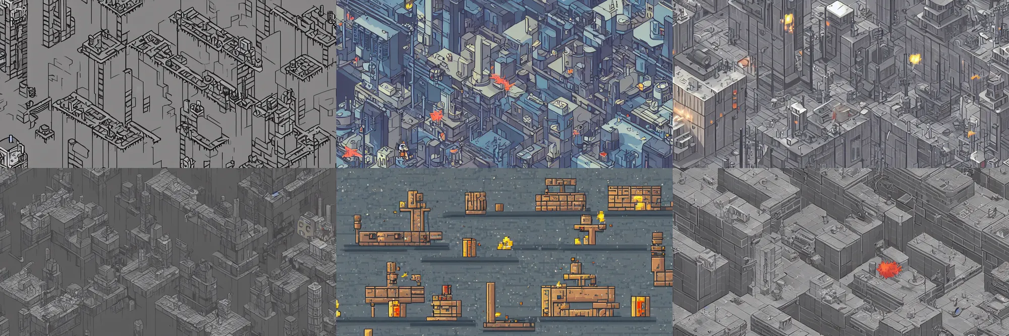 Prompt: 2D sidescroller, background, industrial city, dirty, stacks belching thick black smoke, 2D pixel art